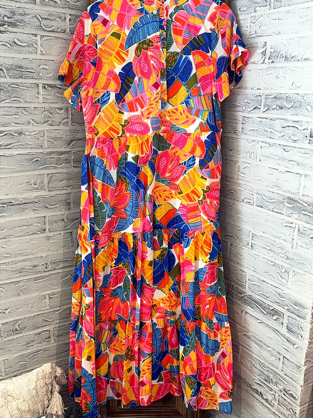 Bright Tropical Print Midi Dress - Pink, Blue & Yellow